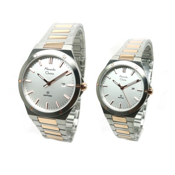 Alexandre Christie AC 8562 Silver Rosegold White Couple Sapphire